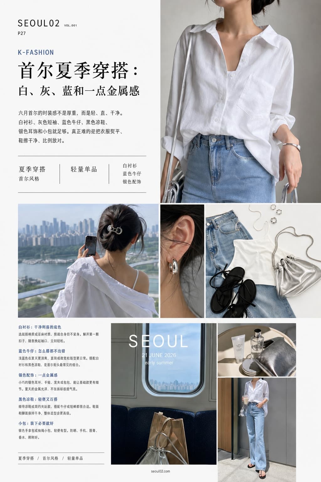 首尔02 韩国初夏特辑 P27 首尔夏季穿搭：白、灰、蓝和一点金属感